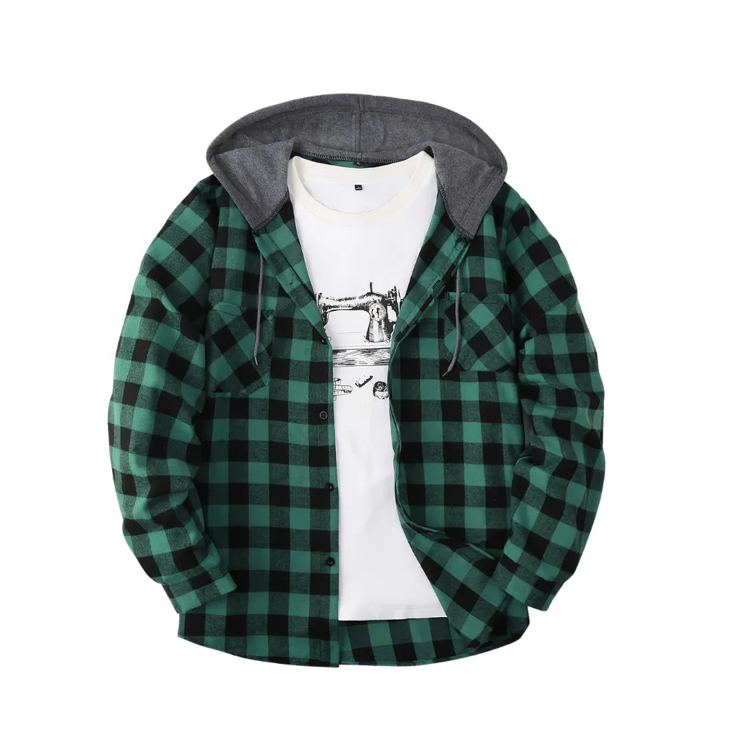Men’s Sporty Hooded Sweatshirt – Red Plaid Design with Button Front