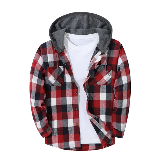 Men’s Sporty Hooded Sweatshirt – Red Plaid Design with Button Front